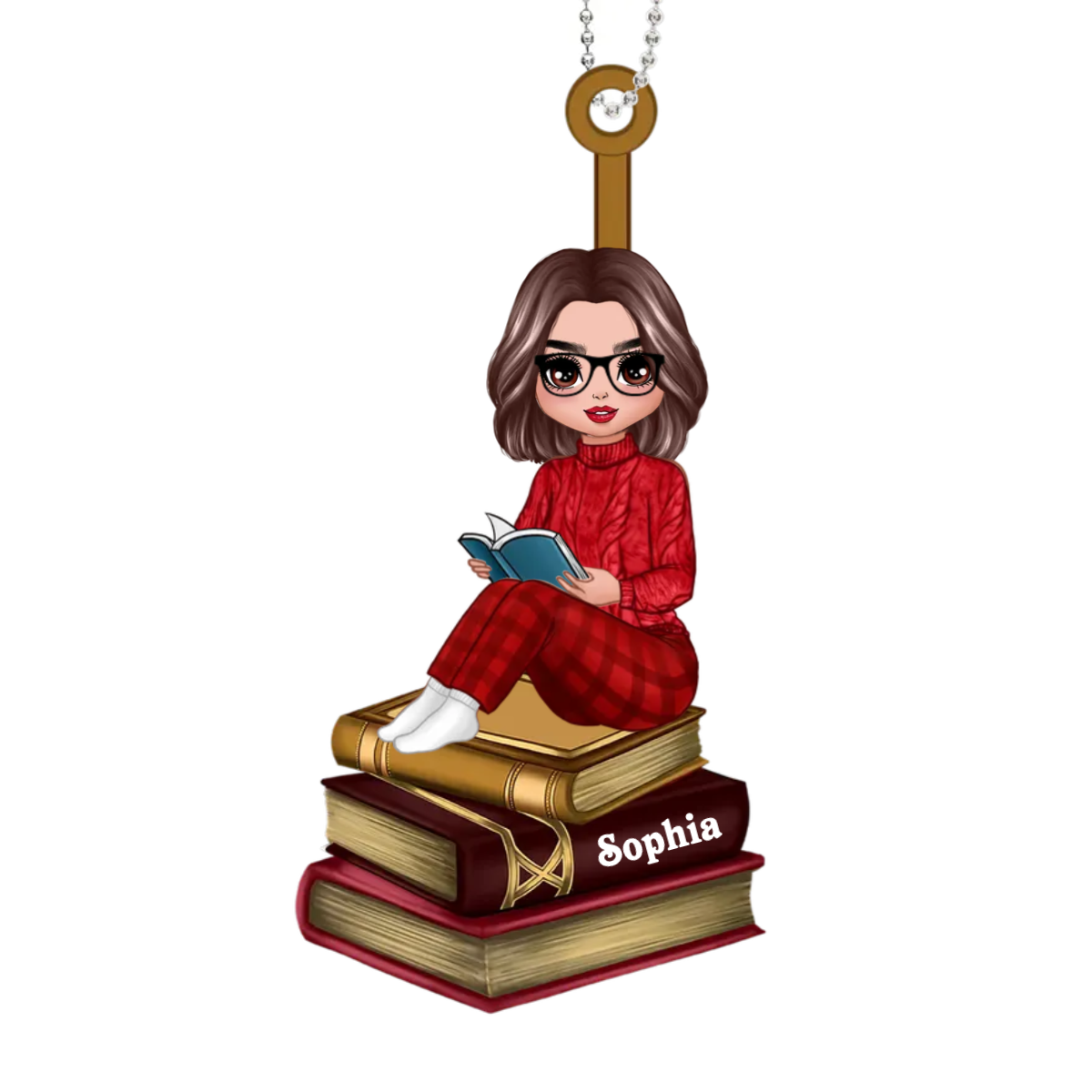 Reading Girls Sitting On Books Personalized Metal Ornament