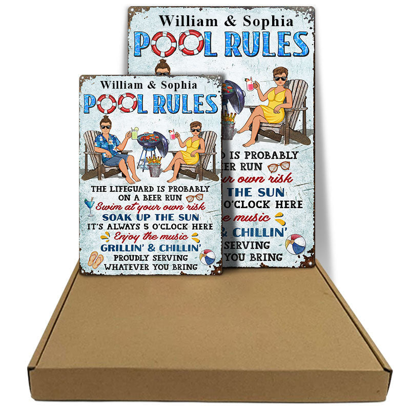 Pool Rules Swim At Your Own Risk Grilling Couple Husband Wife - Backyard Sign - Personalized Custom Classic Metal Signs