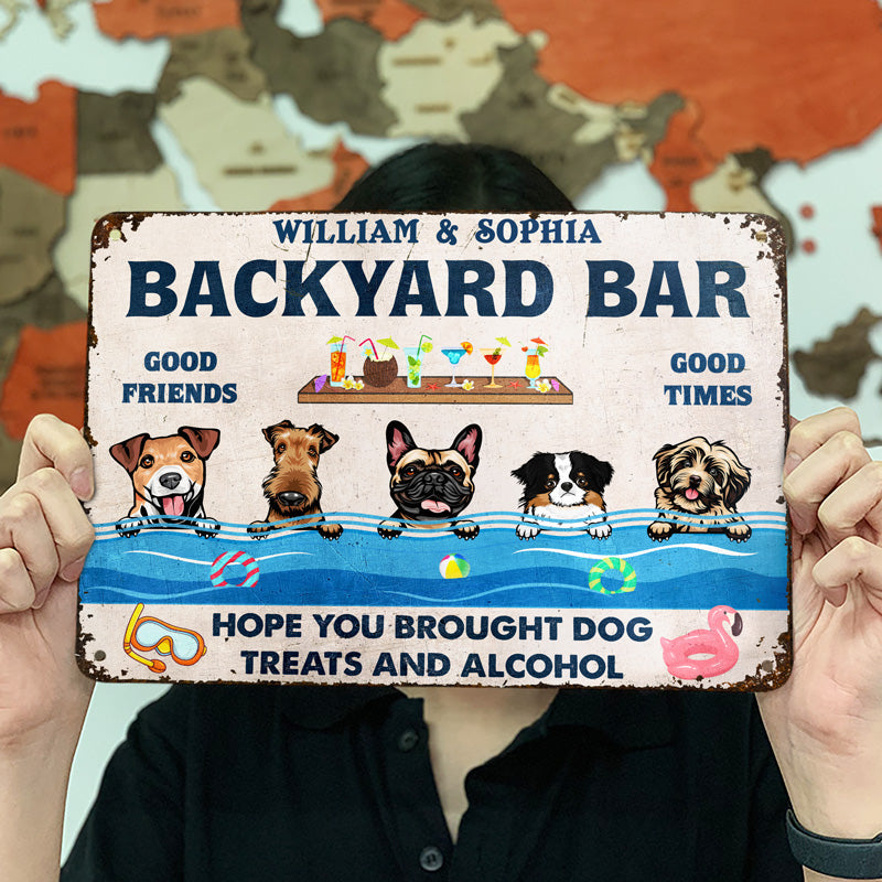 Dog Lovers Swimming Pool Brought Dog Treats And Alcohol - Personalized Custom Classic Metal Signs