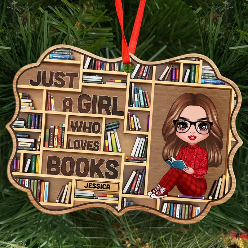 Girl Loves Books Bookshelf Personalized Christmas Ornament