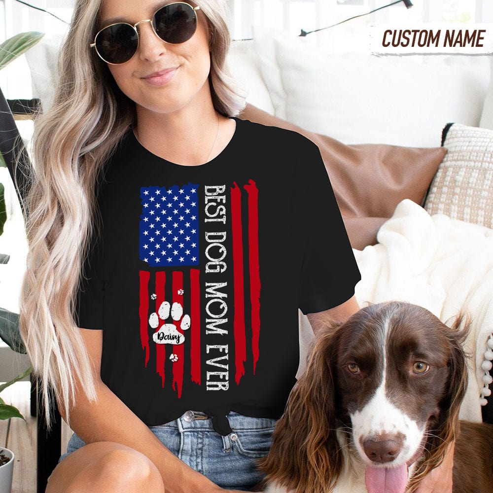 Personalized Best Dog Mom / Dog Dad Ever Paw Flag Front Dog T-Shirt