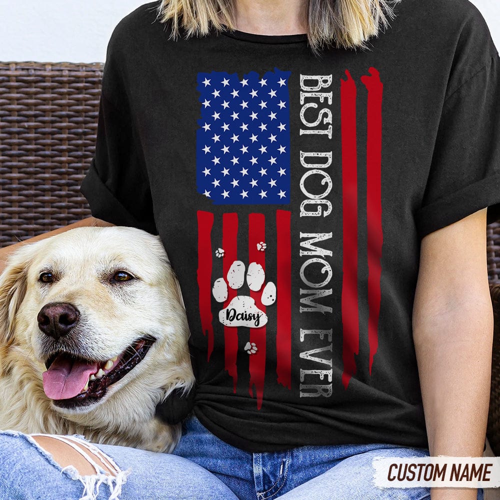 Personalized Best Dog Mom / Dog Dad Ever Paw Flag Front Dog T-Shirt