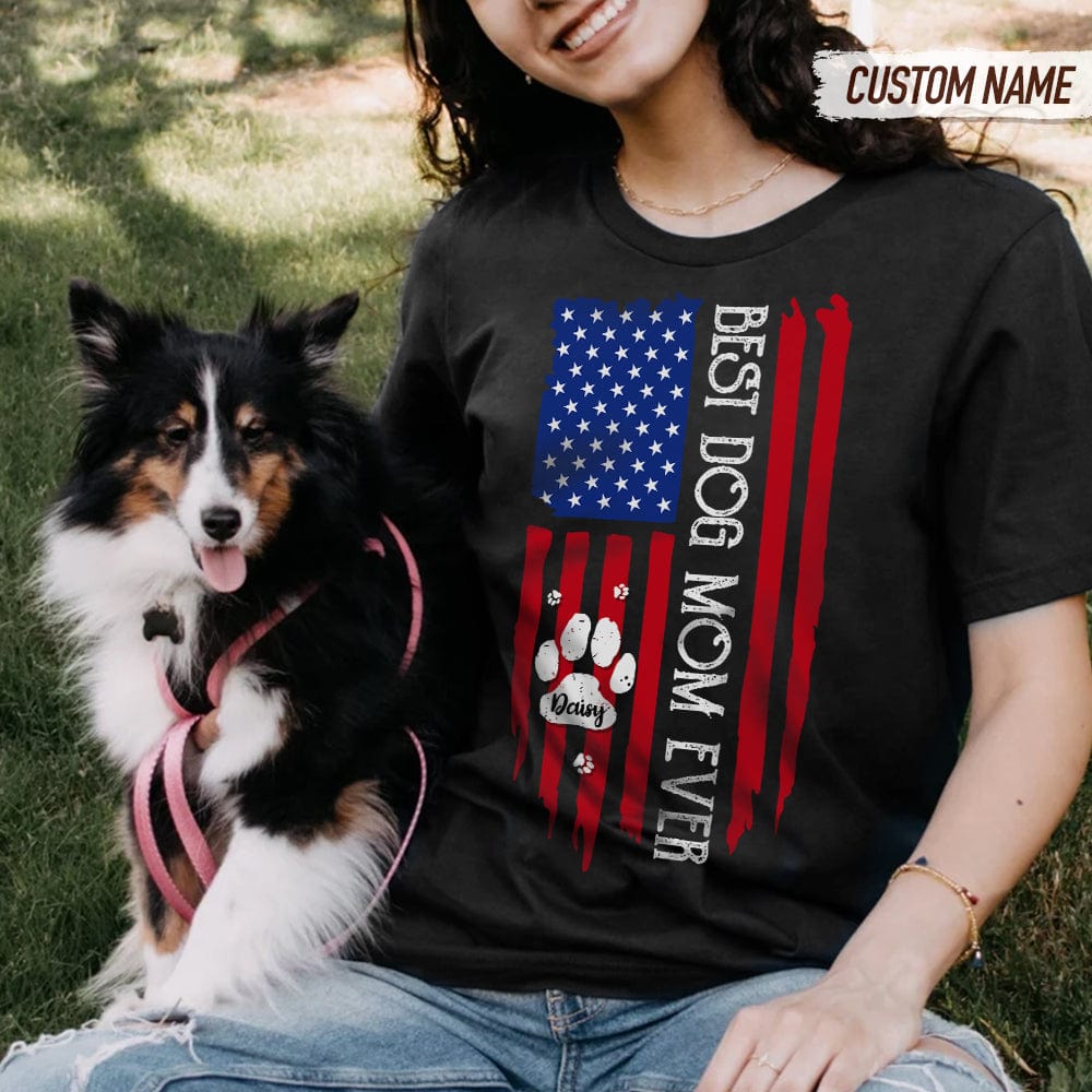 Personalized Best Dog Mom / Dog Dad Ever Paw Flag Front Dog T-Shirt