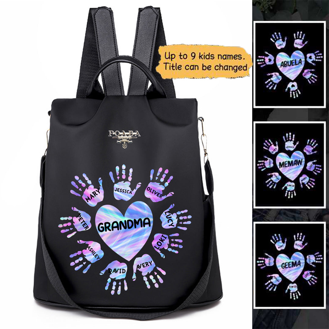 Grandma Mom Heart Hand Print Colorful Personalized Backpack