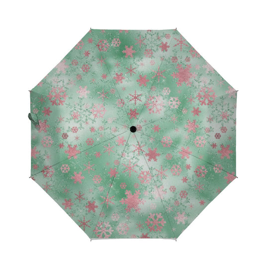 Elegant Green Pink Christmas Snowflake Pattern Brushed Polyester Umbrella No.HMILZC