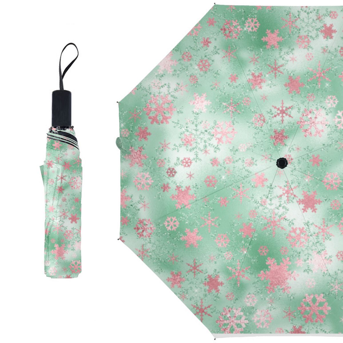 Elegant Green Pink Christmas Snowflake Pattern Brushed Polyester Umbrella No.HMILZC