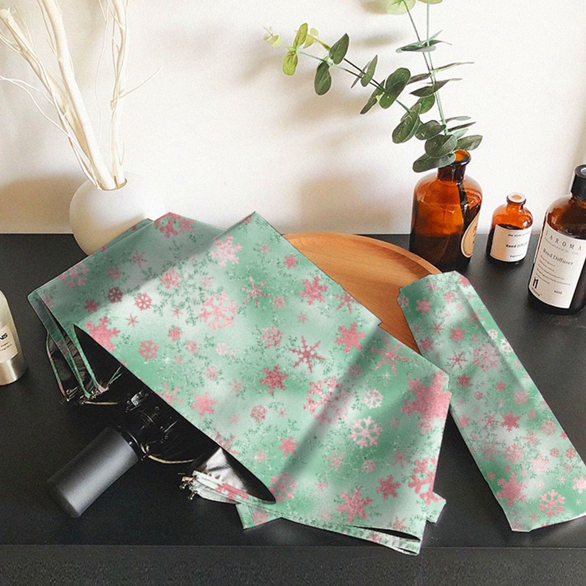 Elegant Green Pink Christmas Snowflake Pattern Brushed Polyester Umbrella No.HMILZC