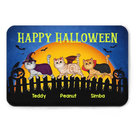 Halloween Walking Fluffy Cat On Fence Personalized Doormat