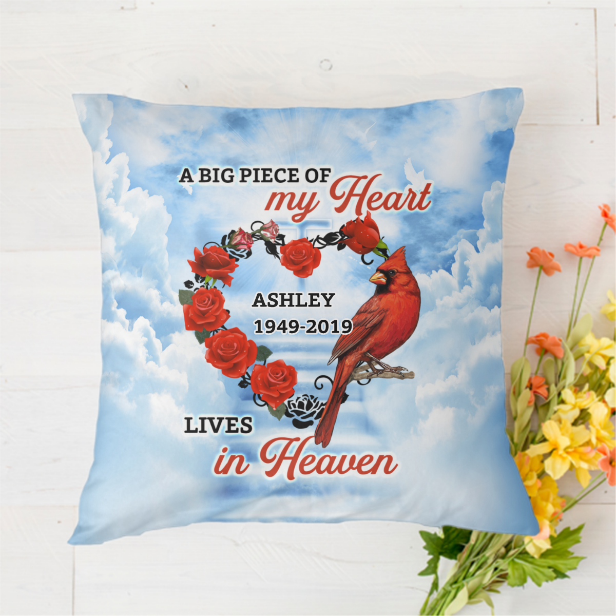 Heaven Cardinal Heart Memorial Personalized Polyester Linen Pillow