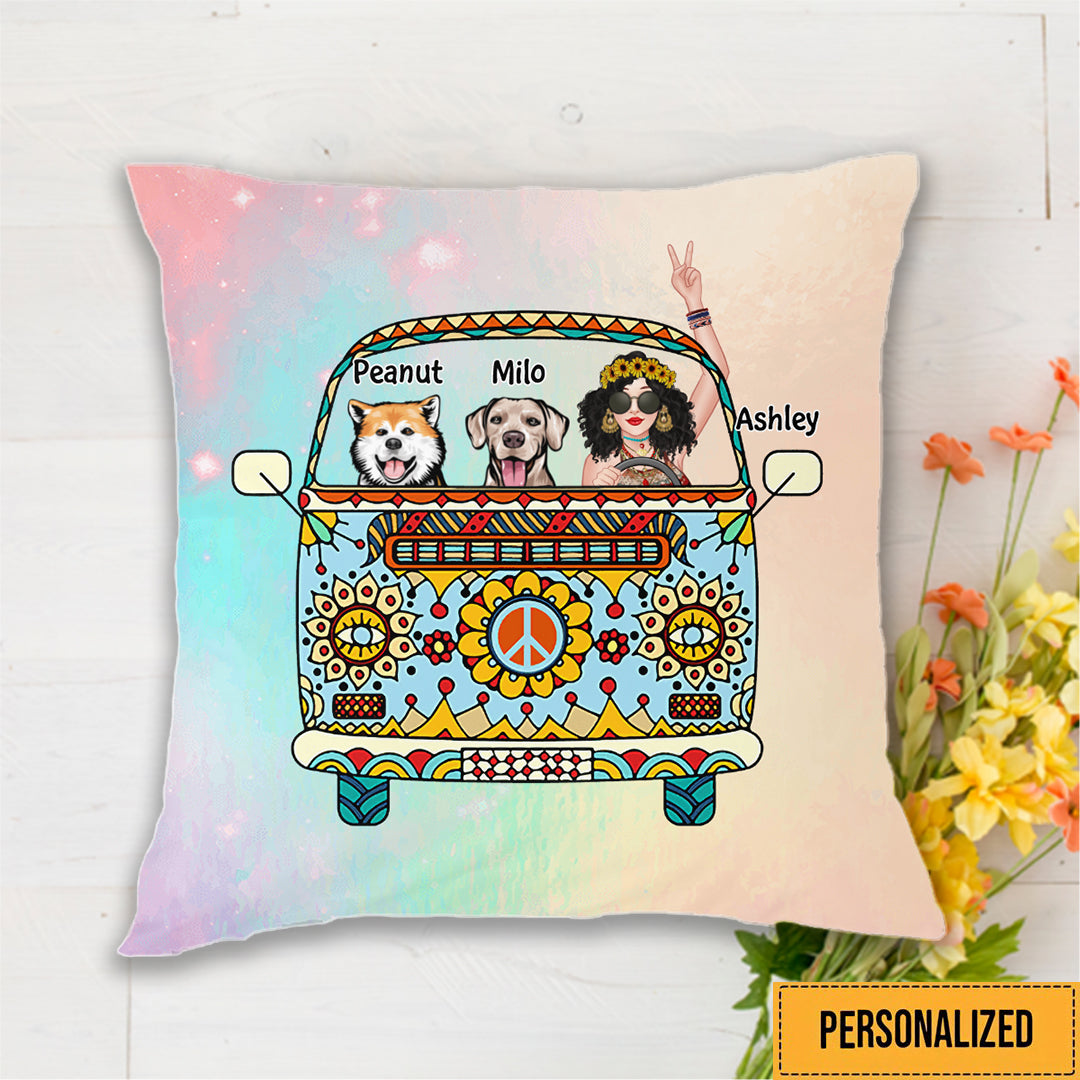 Hippie Bohemian Girl & Dog Cat Personalized Polyester Linen Pillow