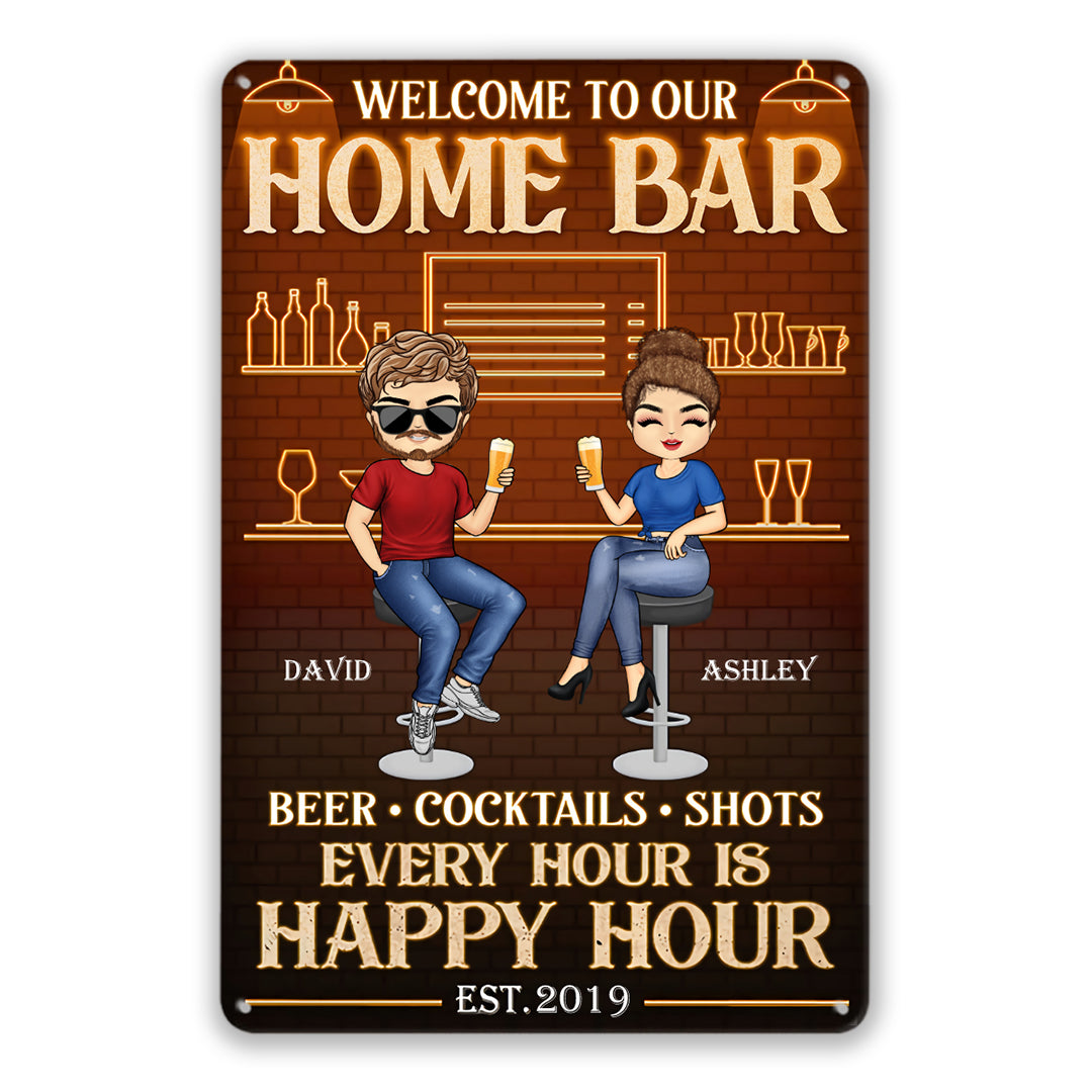 Home Bar Every Hour Is Happy Hour Chibi Husband Wife - Couple Gift - Personalized Custom Metal Signs