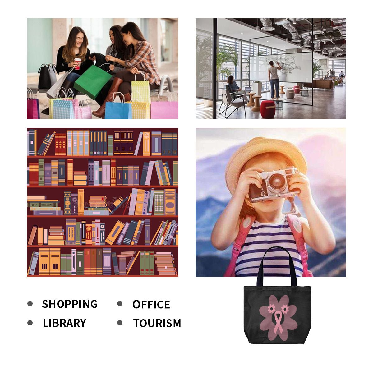 Breast Cancer Awareness Pink Ribbon Flower Canvas Bag No.PORAFY