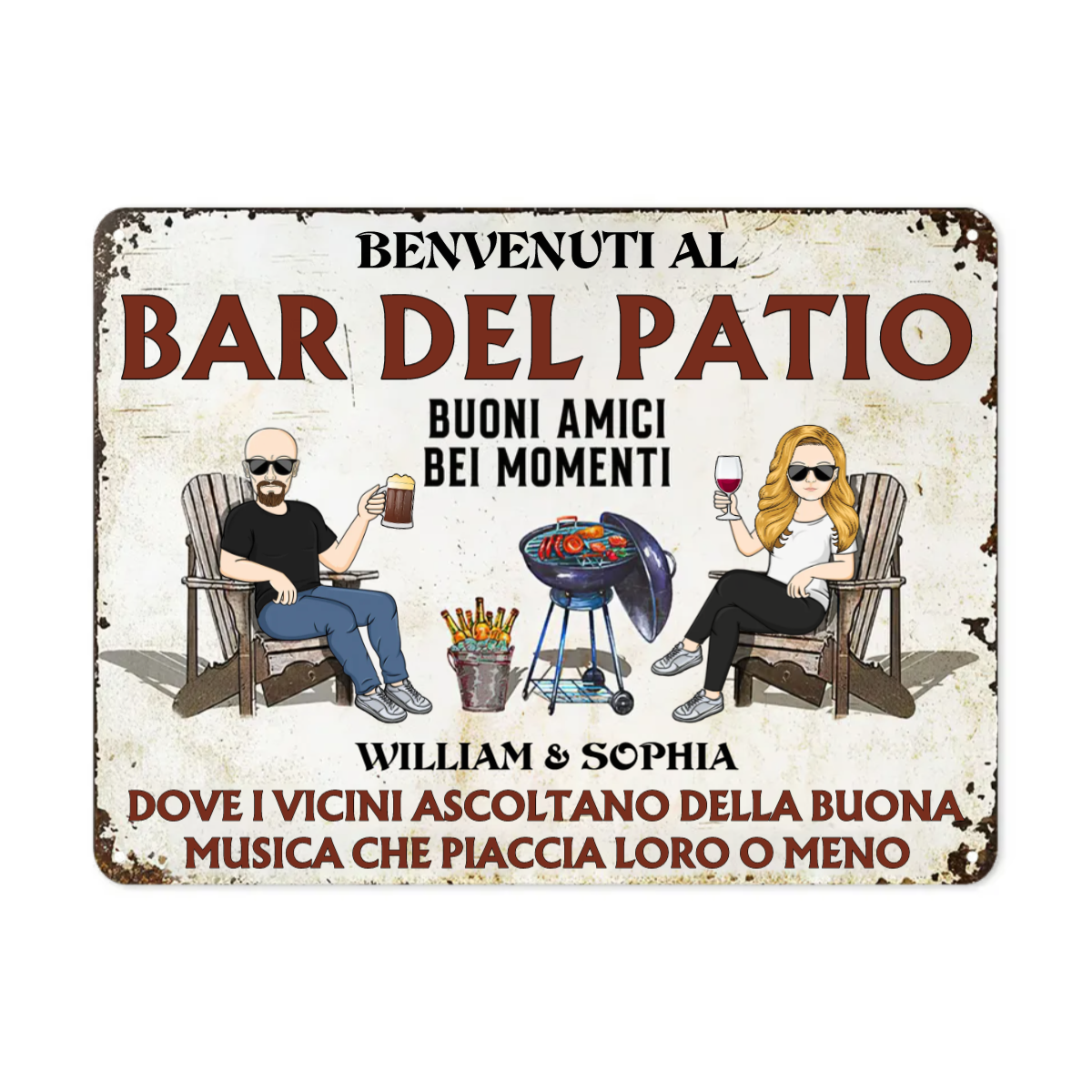 Benvenuti al bar del Patio - Segnaletica personalizzata in metallo - Coppia che ascolta buona musica