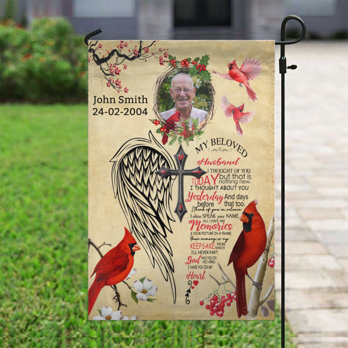 I Think Of You In Silence Customized Memorial Garden Flag With Your Own Photo Member of Family