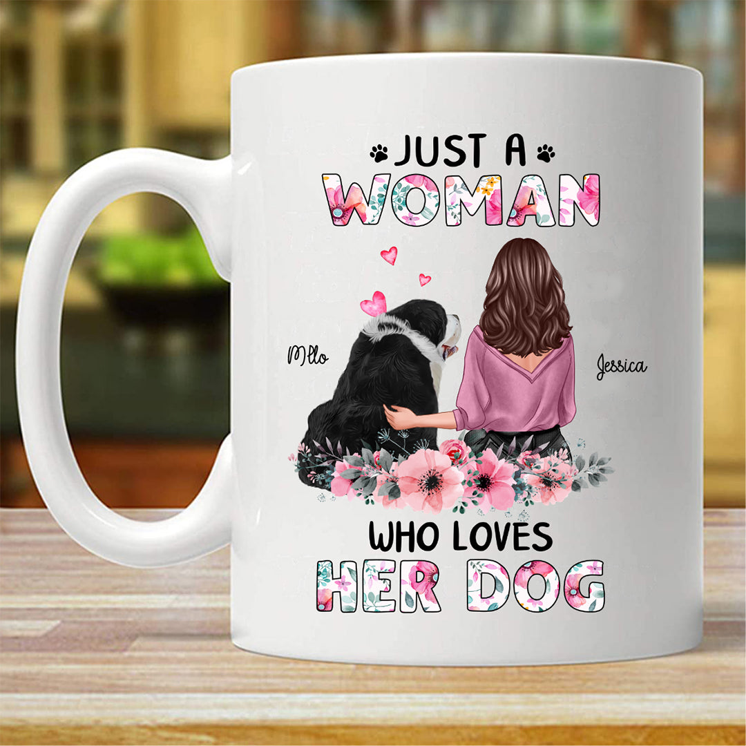 Just A Woman Who Loves Her Dog 花柄 名入れマグカップ (両面印刷)