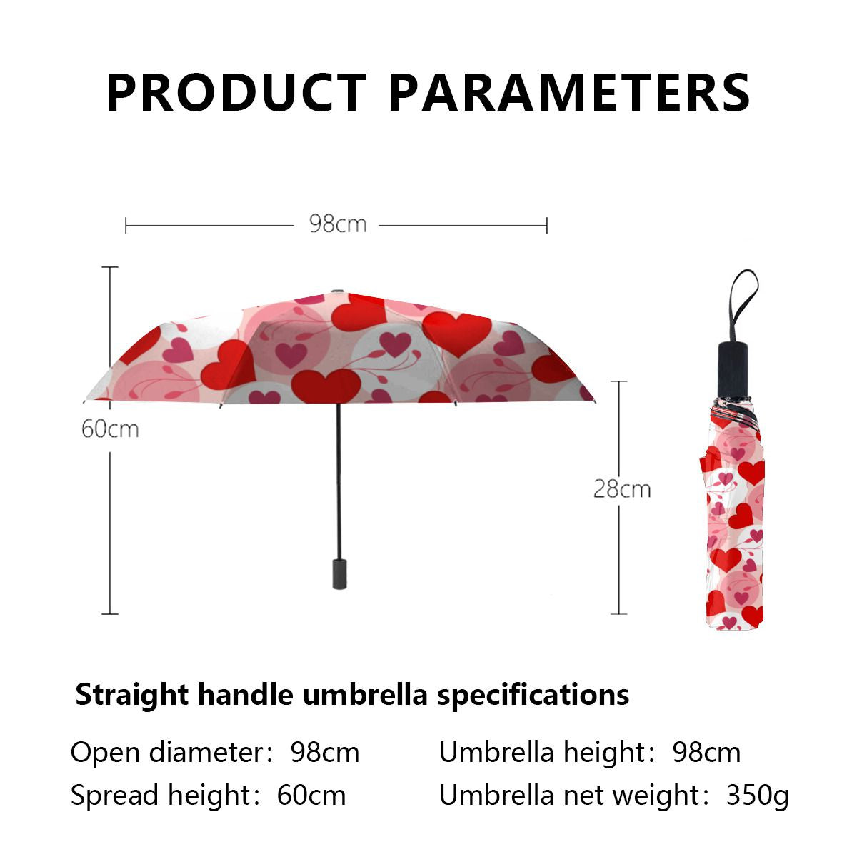 Pink & Red Hearts Romantic Valentines Day Pattern Brushed Polyester Umbrella No.KJCCRB
