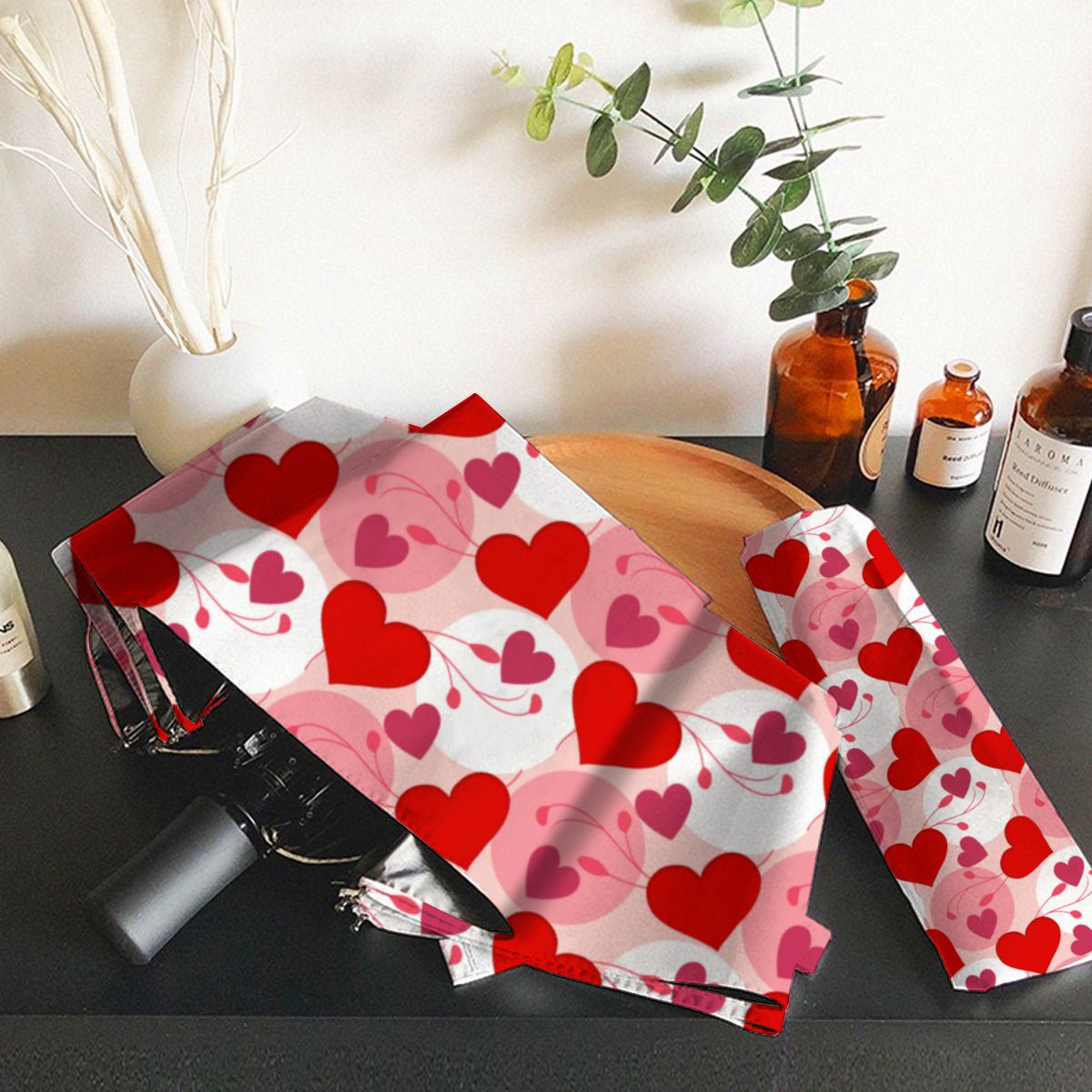 Pink & Red Hearts Romantic Valentines Day Pattern Brushed Polyester Umbrella No.KJCCRB