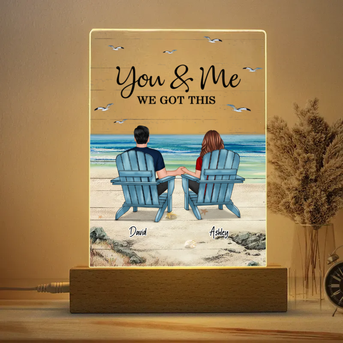 Back View Couple Sitting Beach Landscape Personalized Plaque Led Nigh Light