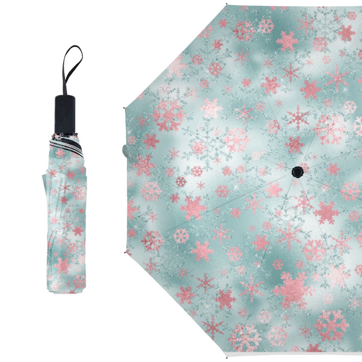 Elegant Blue Pink Christmas Snowflake Pattern Brushed Polyester Umbrella No.KLWX5G