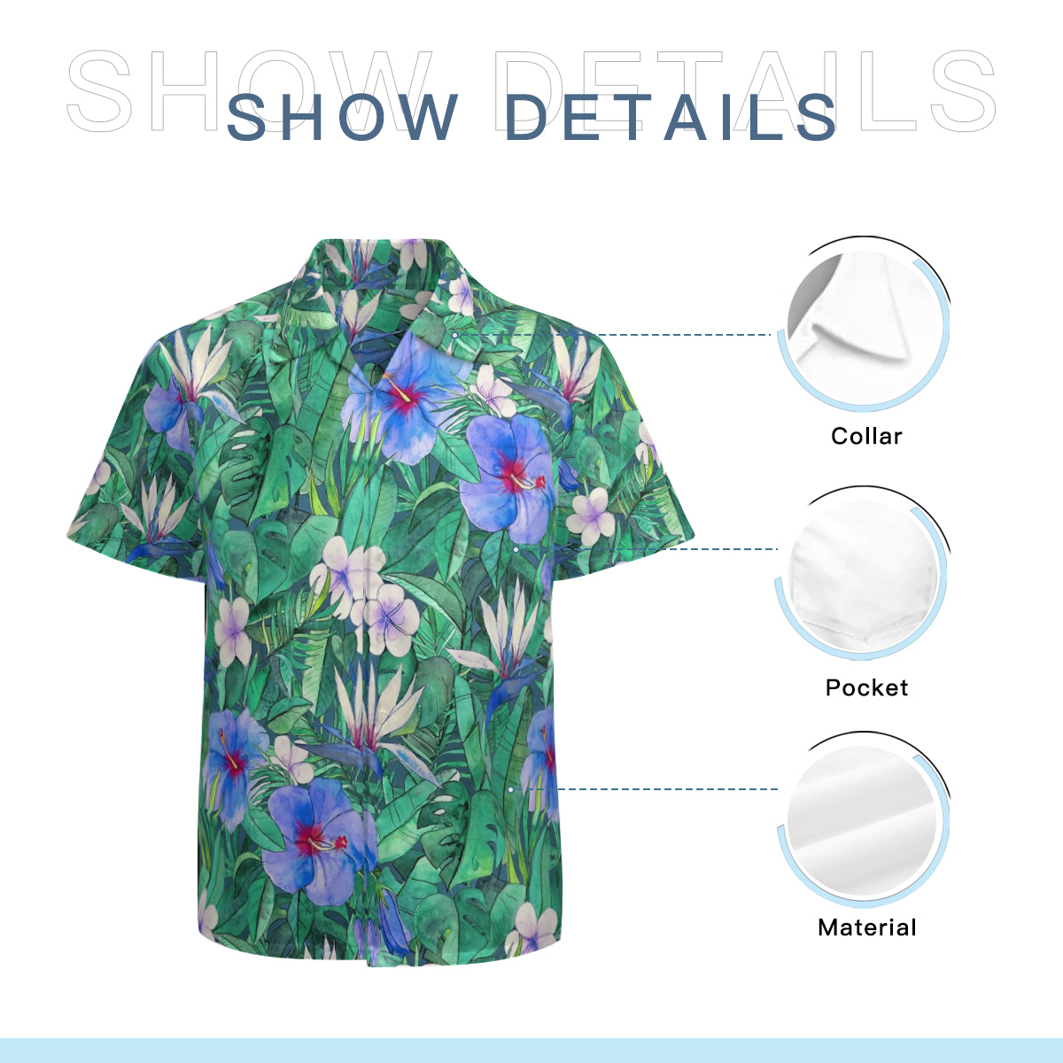 White Bird Of Paradise & Blue Hibiscus Tropical Garden Graphic Hawaiian Shirts No.KLX8CY