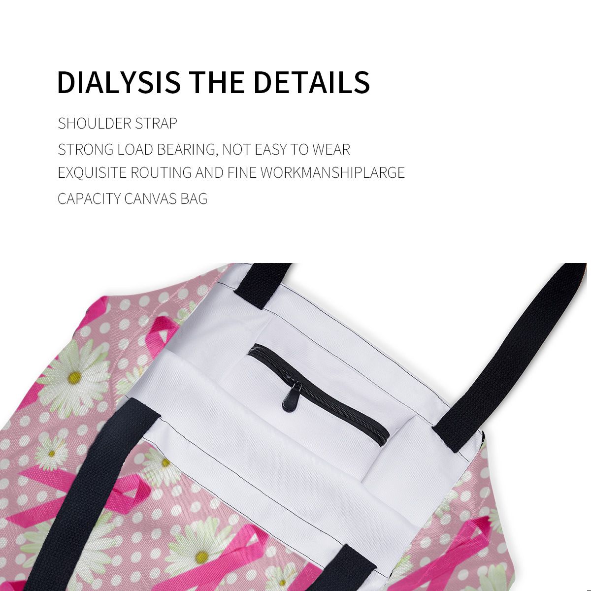 Pink ribbon breast cancer awareness on polka dot Canvas Bag No.IOABL5