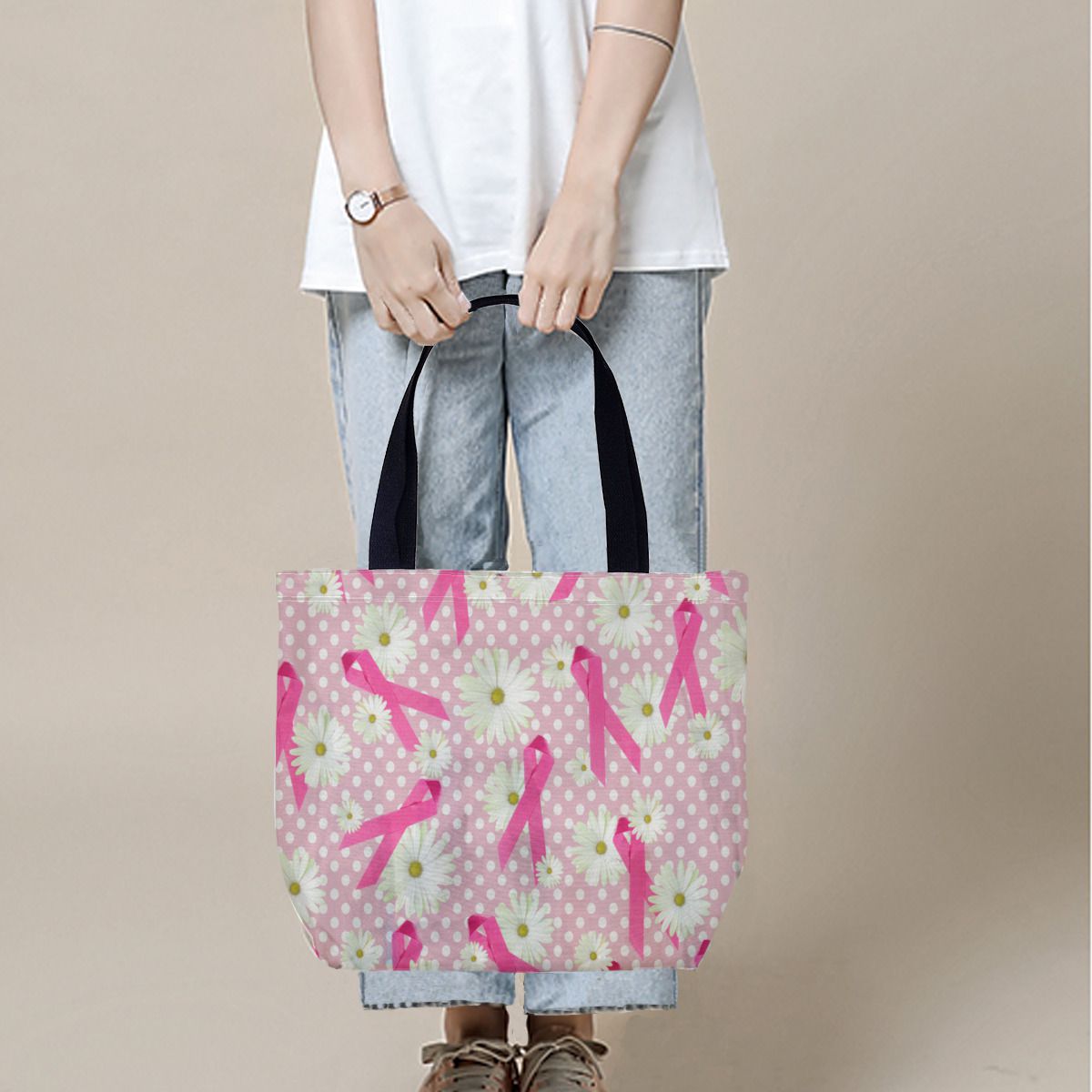 Pink ribbon breast cancer awareness on polka dot Canvas Bag No.IOABL5