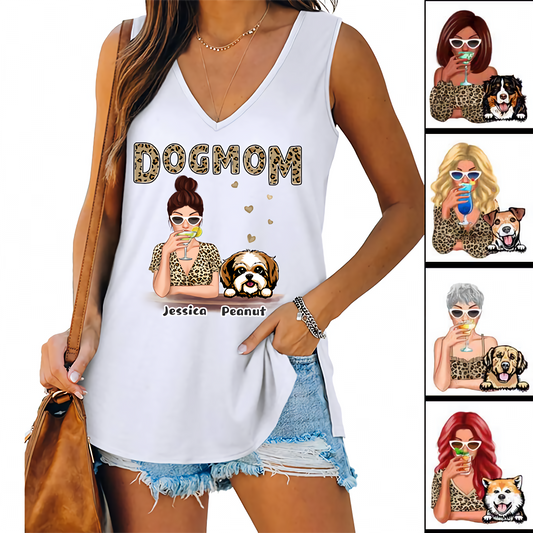 Leopard Dog Mom Personalized Women Tank Top V Neck Casual Flowy Sleeveless