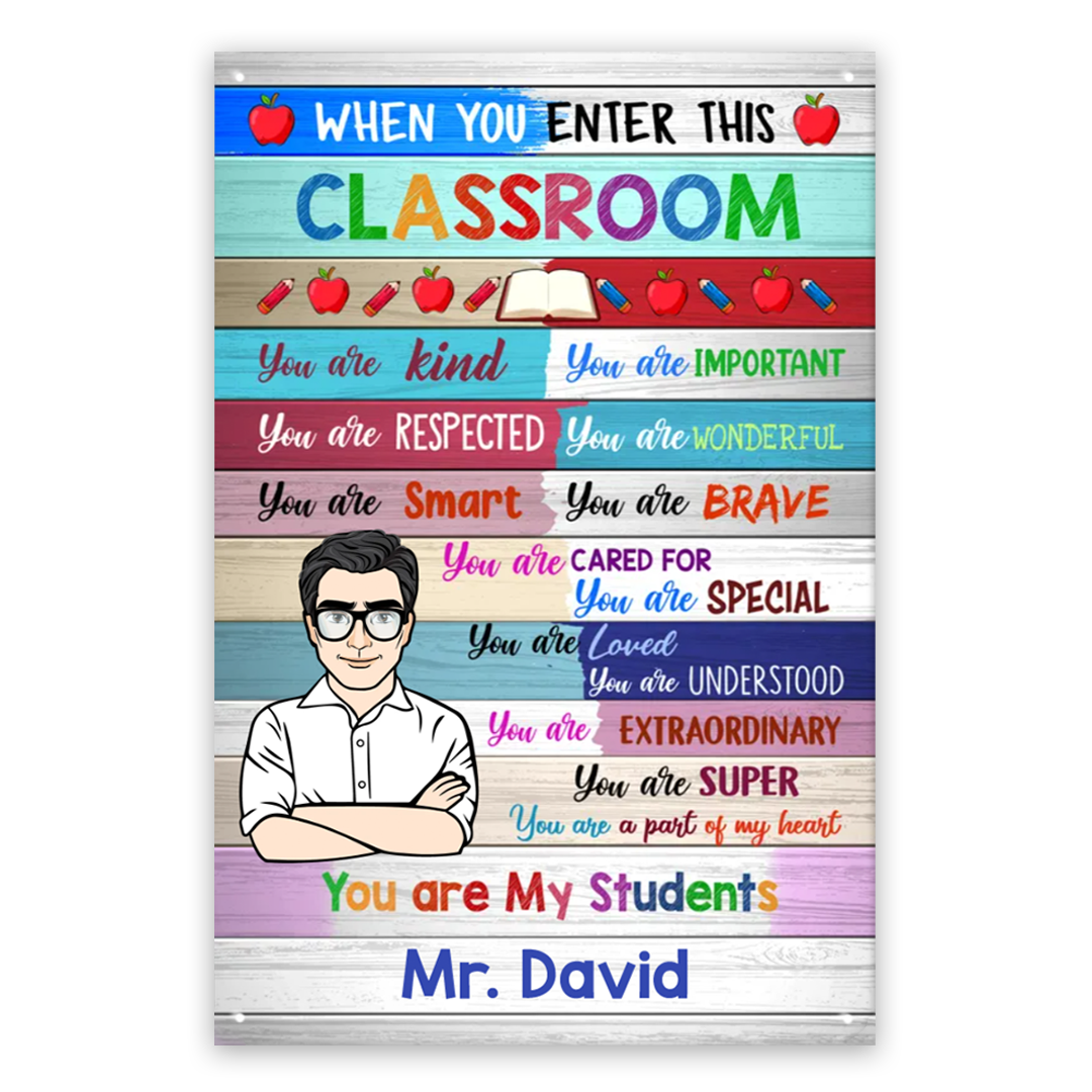 Male Teacher Classroom Wood Texture Personalized Vertical Metal Signs