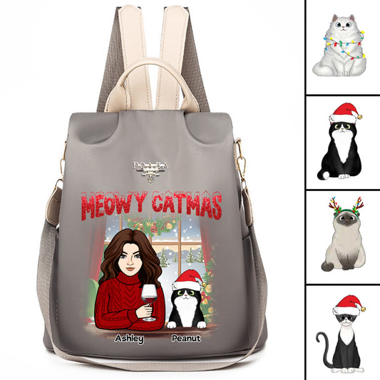 Meowy Catmas Woman & Cat Christmas Personalized Backpack