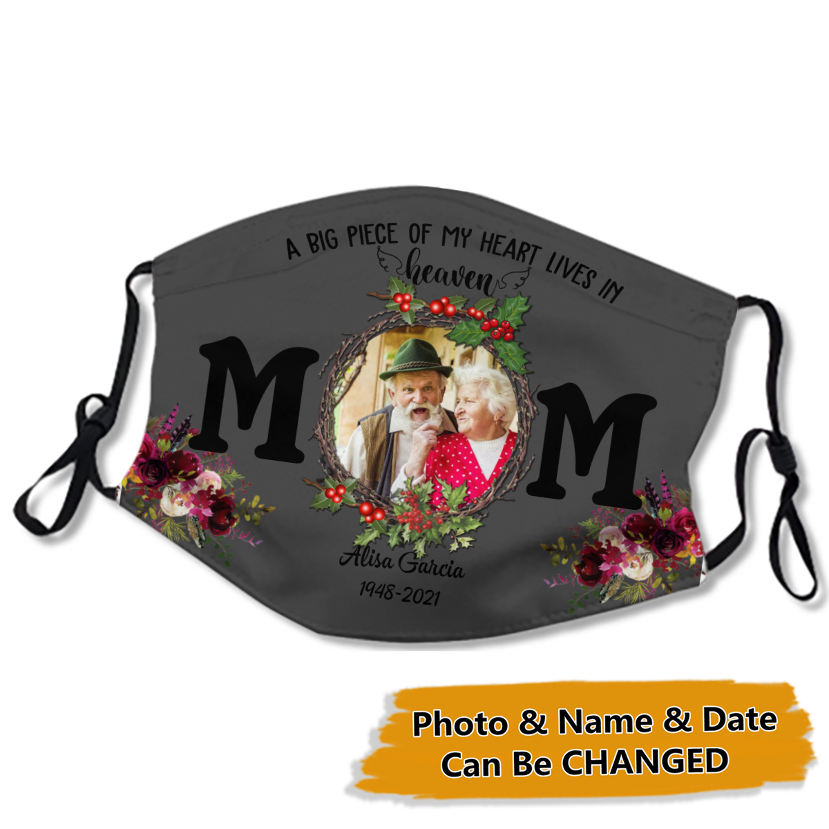 Message to Mother Memorial Upload Photo A Big Piece Of My Heart Lives In Heaven Personalized Face Mask