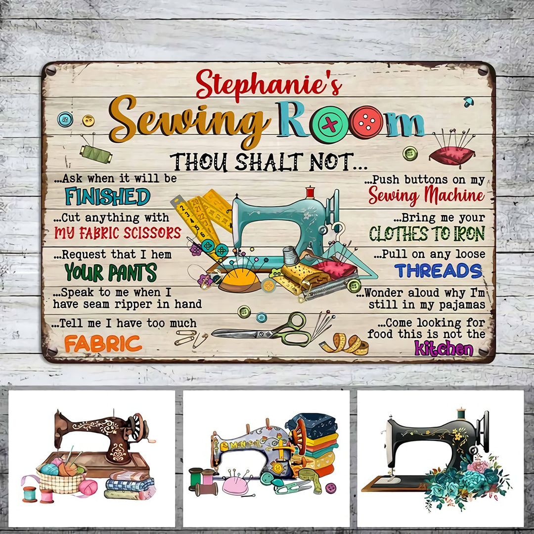 Personalized Name Sewing Room Rules Indoor Decor Metal Sign