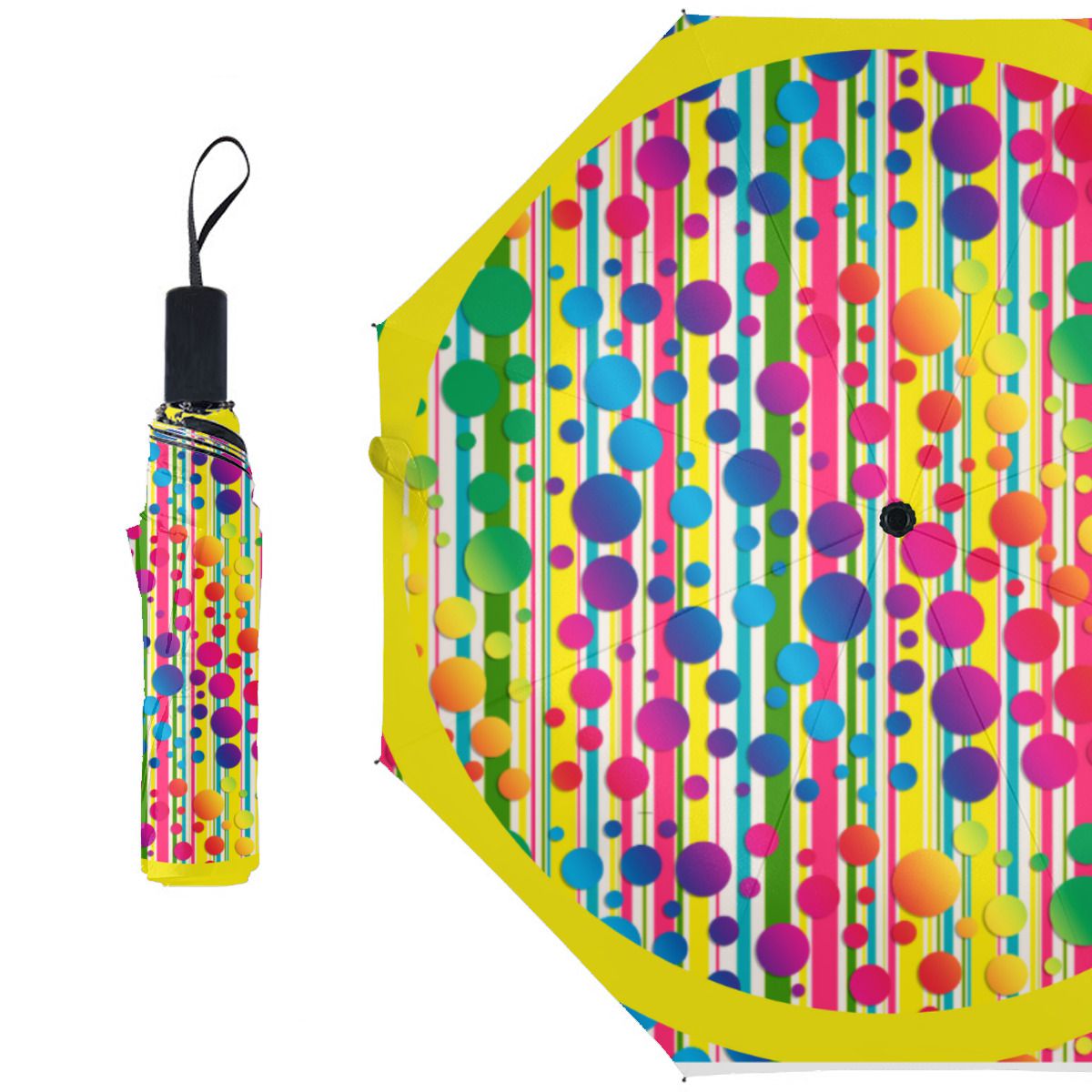 [Beatnik Bubbles] Retro Polka Dot Striped Yellow Brushed Polyester Umbrella No.NDFD3I