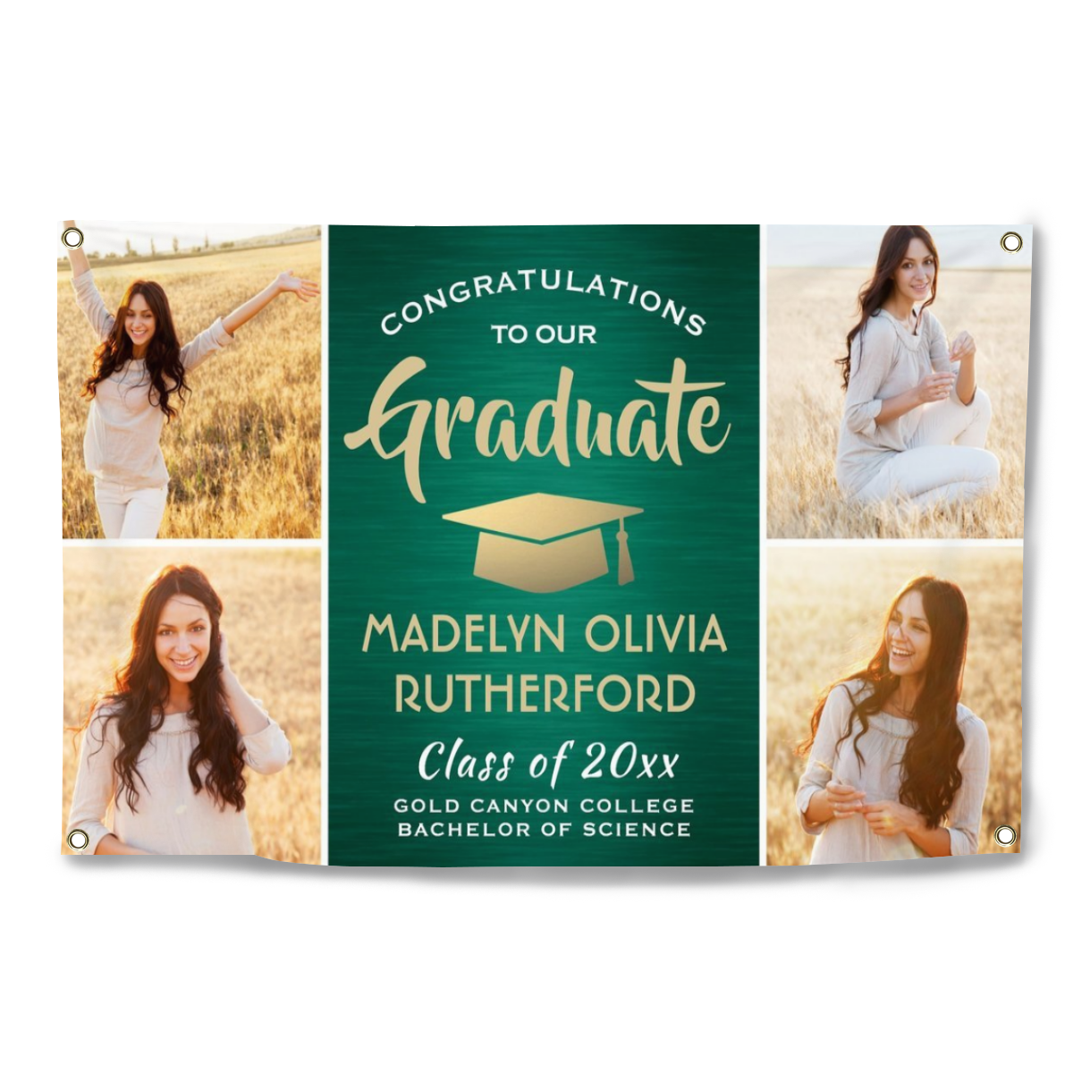 2022 Personalized Name/Photo, Congrats 4 Photo Green Gold and White Graduation Banner