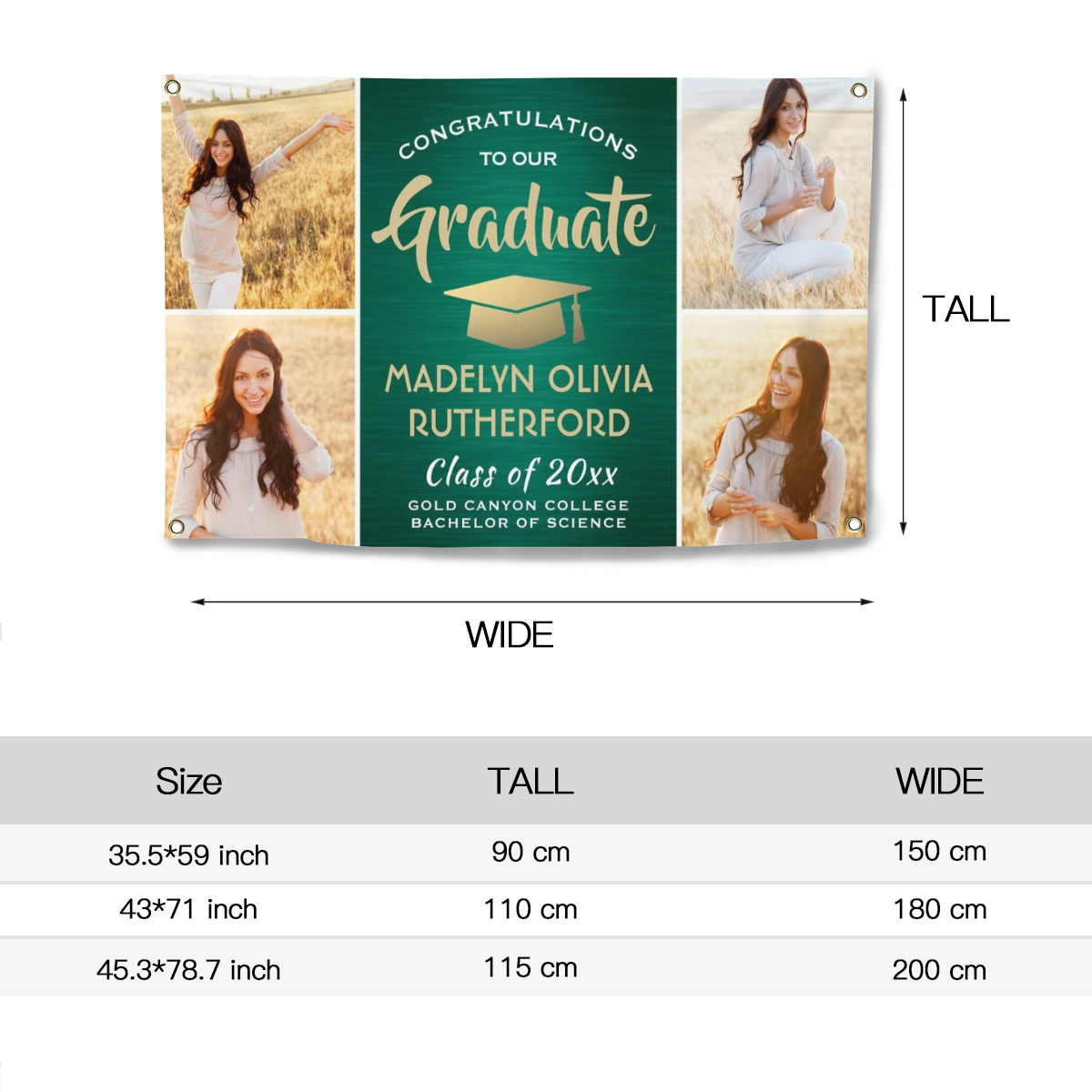 2022 Personalized Name/Photo, Congrats 4 Photo Green Gold and White Graduation Banner