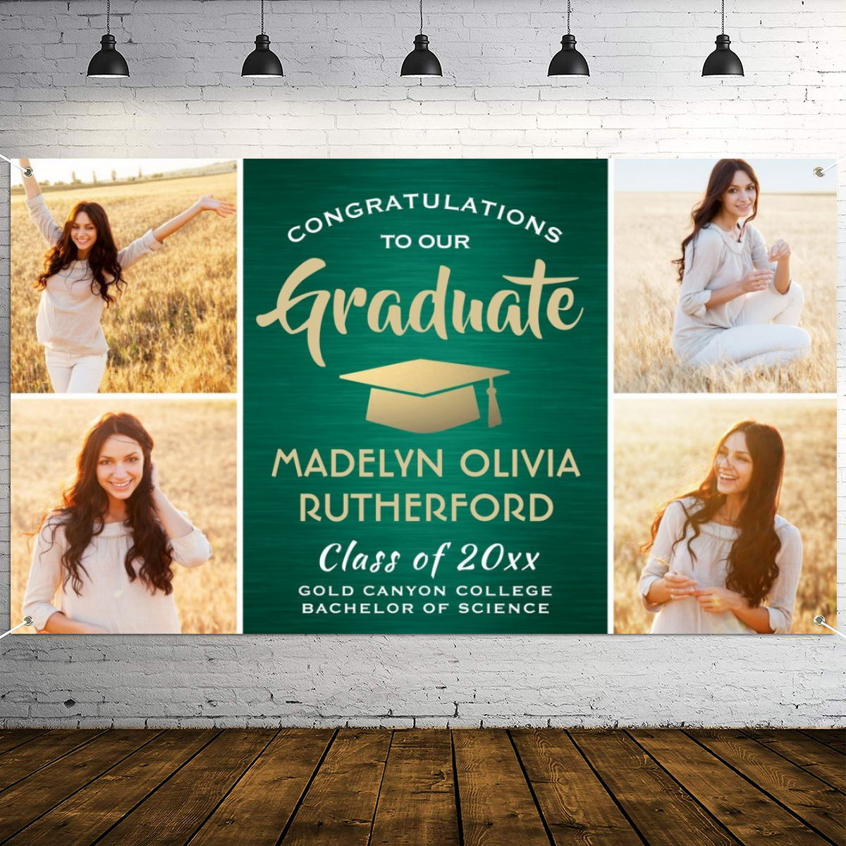 2022 Personalized Name/Photo, Congrats 4 Photo Green Gold and White Graduation Banner