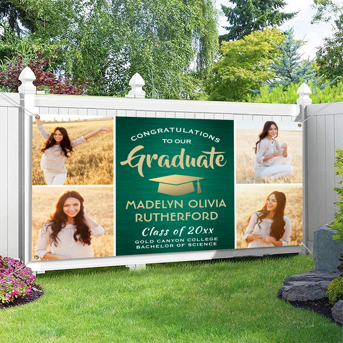 2022 Personalized Name/Photo, Congrats 4 Photo Green Gold and White Graduation Banner