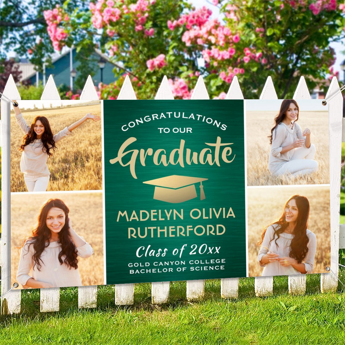 2022 Personalized Name/Photo, Congrats 4 Photo Green Gold and White Graduation Banner