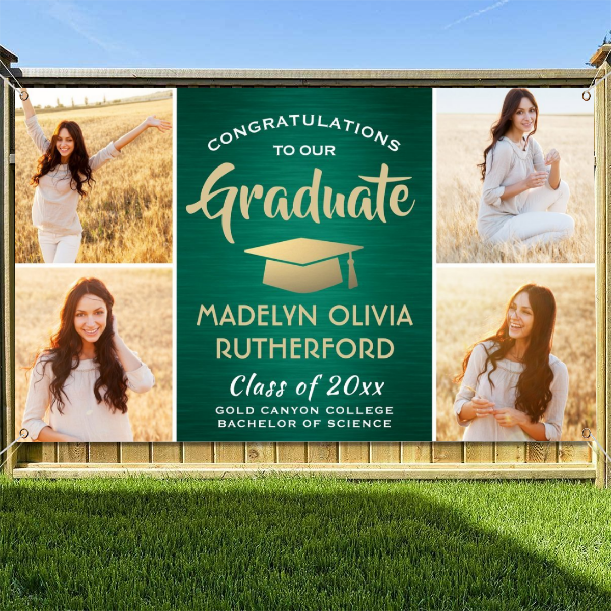 2022 Personalized Name/Photo, Congrats 4 Photo Green Gold and White Graduation Banner