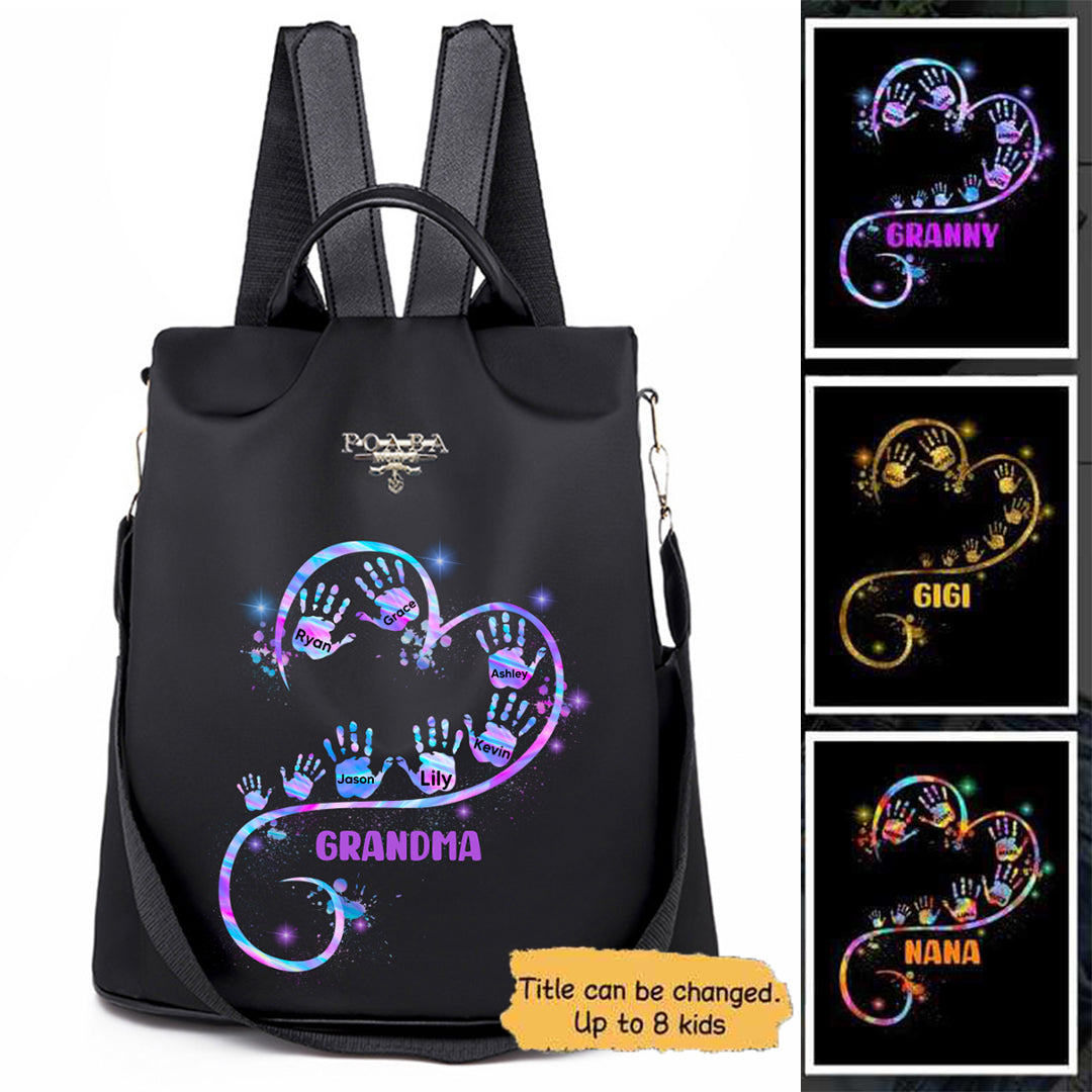 Open Heart Mom Grandma Handprints Personalized Backpack