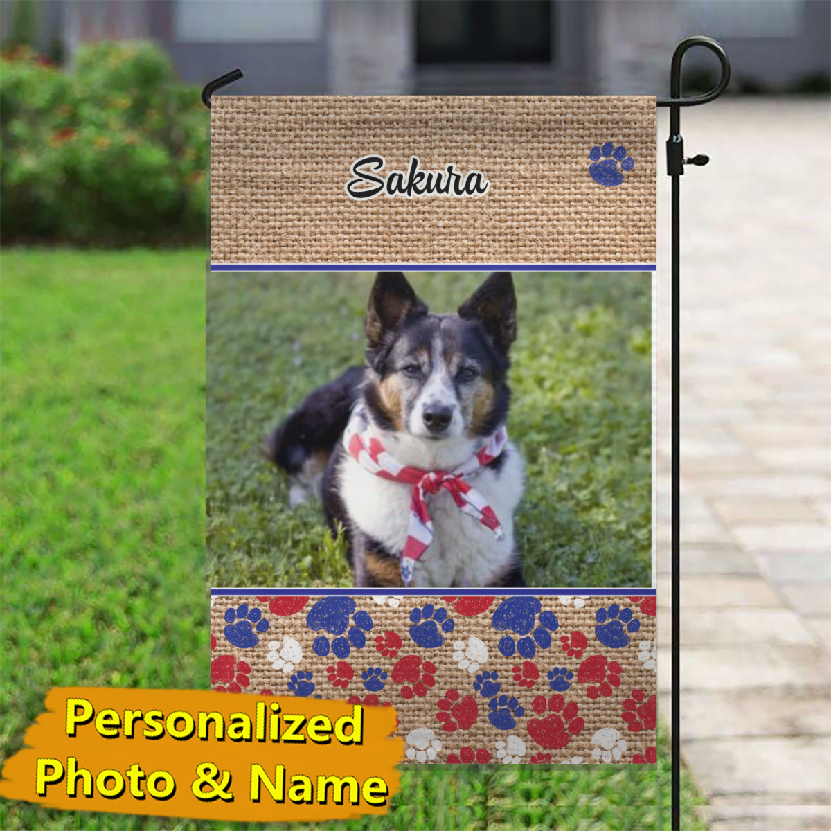 Patriotic Dog Paws & Burlap – Personalized Photo & Name – Garden Flag & House Flag