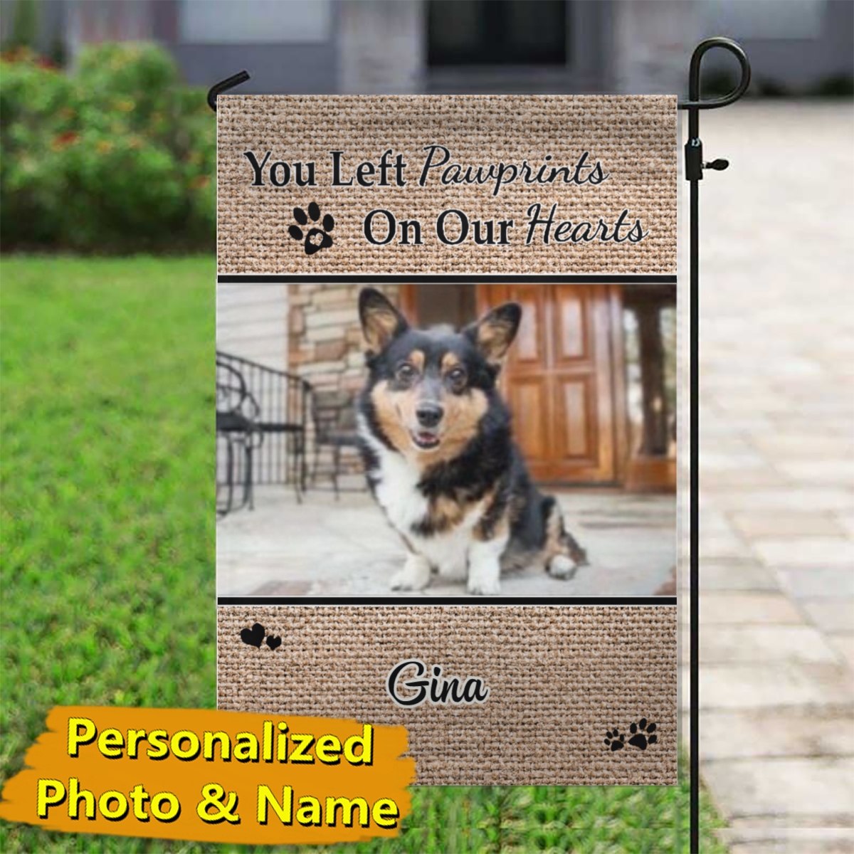 Pawprints on Our Hearts – Personalized Photo & Name – Garden Flag & House Flag
