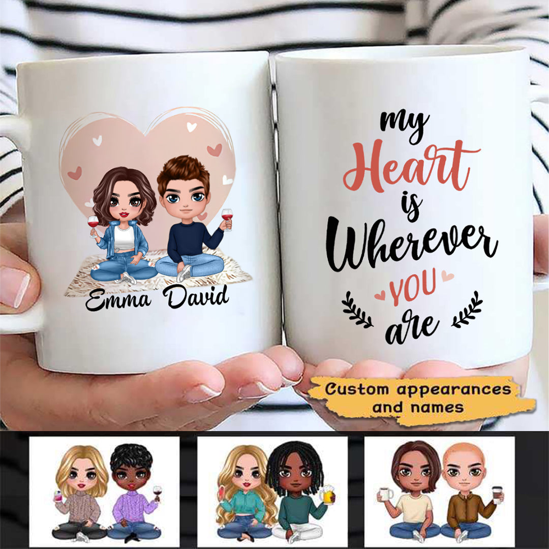 Pink Heart Doll Couple Sitting Valentine‘s Day Gift For Him For Her Personalized Mug