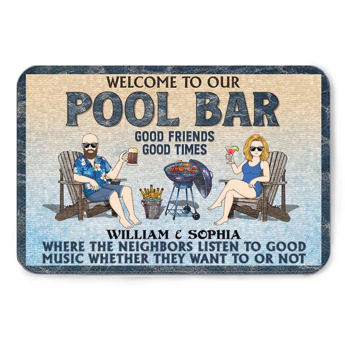 Poolside Grilling Listen To The Good Music Couple Husband Wife - Personalized Custom Doormat