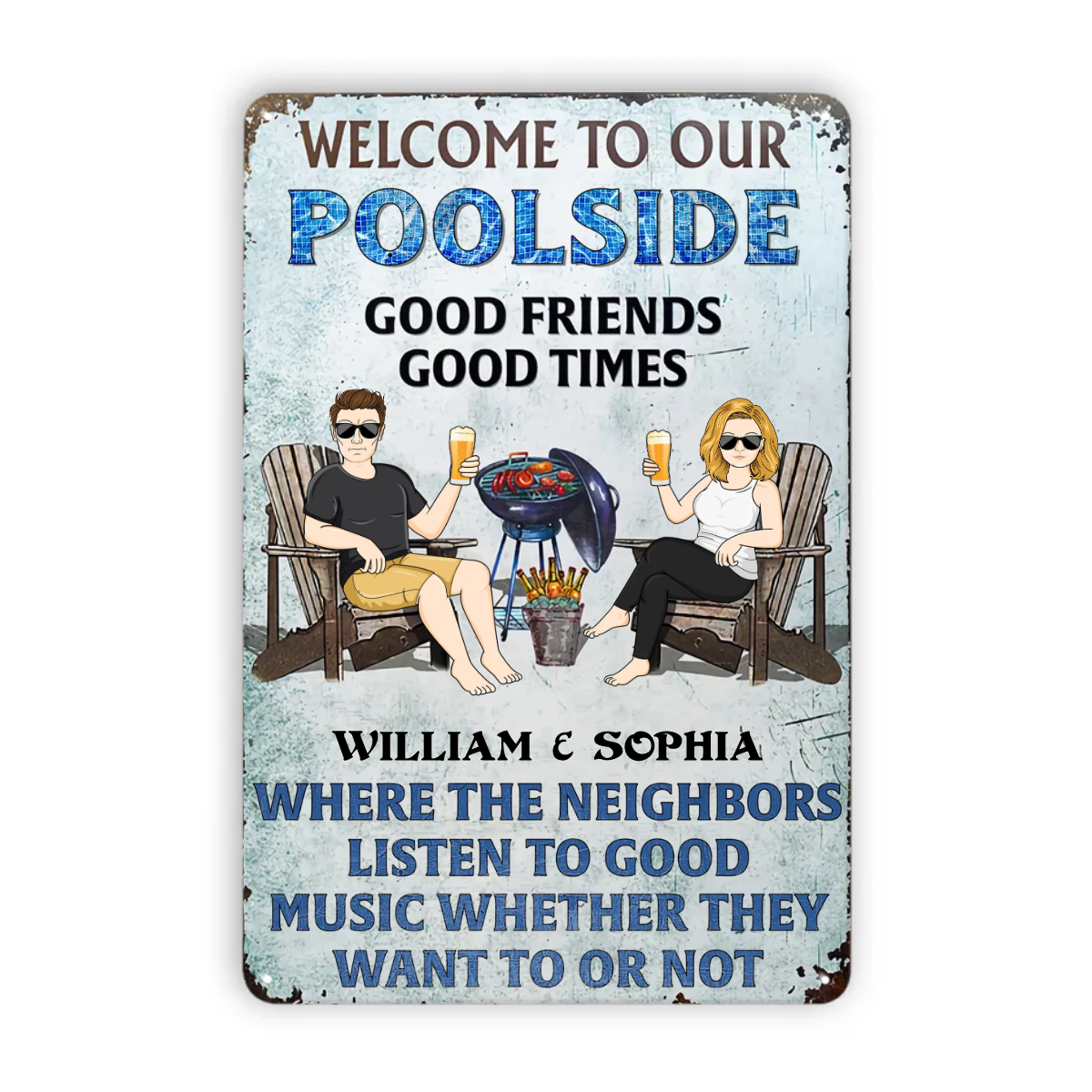 Poolside Grilling Listen To The Good Music Couple Husband Wife Vertical - Backyard Sign - パーソナライズされたカスタムクラシックメタルサイン