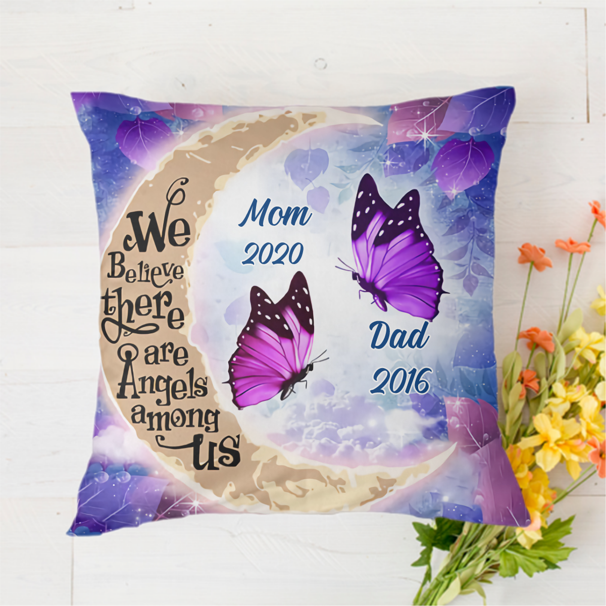 Purple Flower Butterflies Moon Memorial Personalized Polyester Linen Pillow