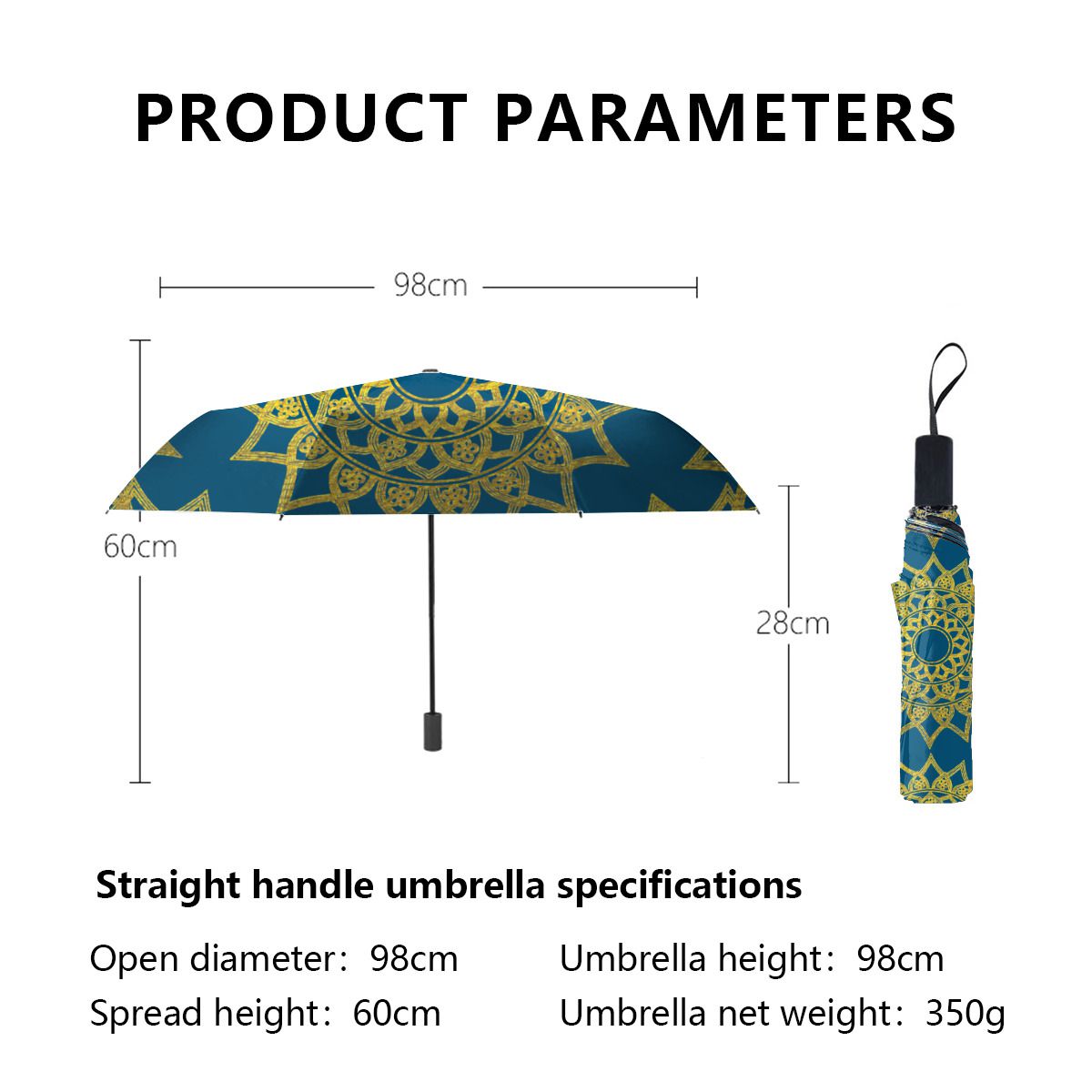 Elegant Blue Fine Gold Floral Mandala Christmas Brushed Polyester Umbrella No.QDFXRT