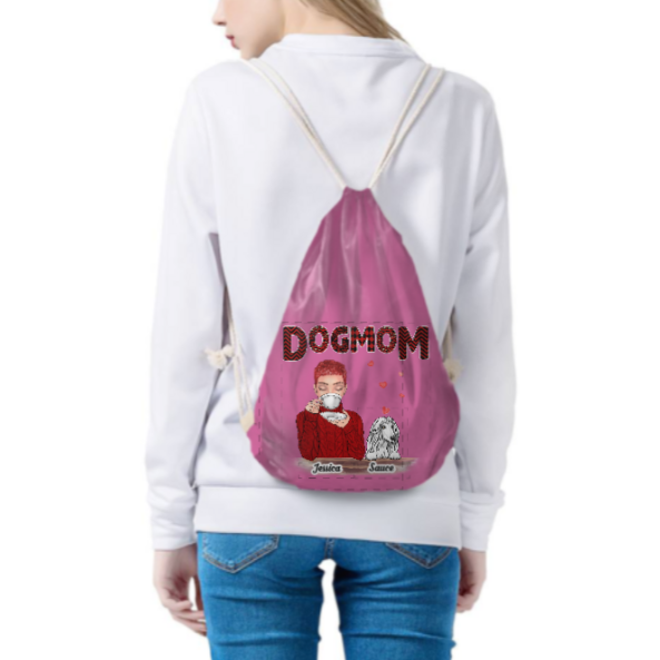 Dog Mom Red Patterned Personalized Drawstring BackPacks