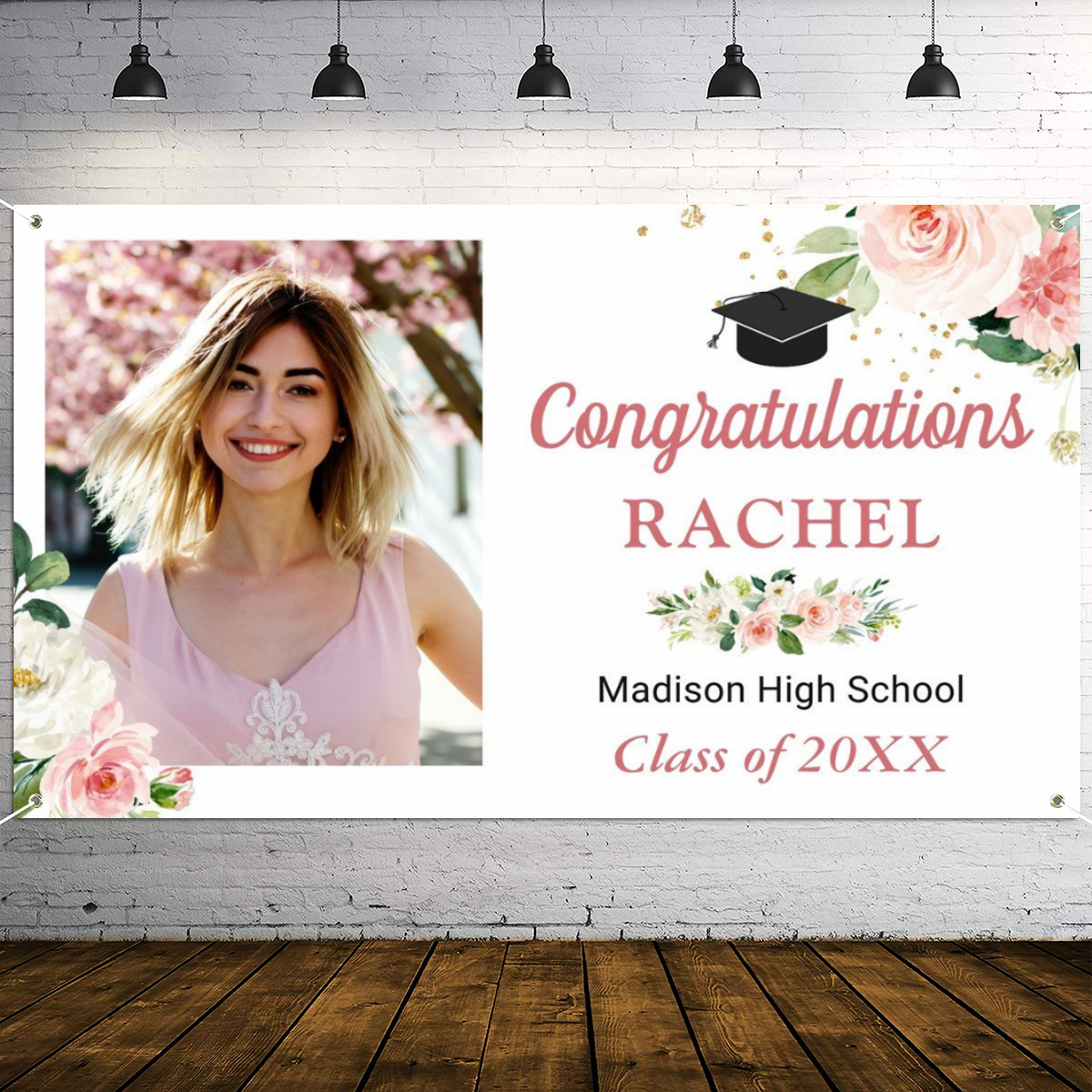 2022 Personalized Name/Photo, Classy Blush Pink Floral Graduate Graduation Party Banner