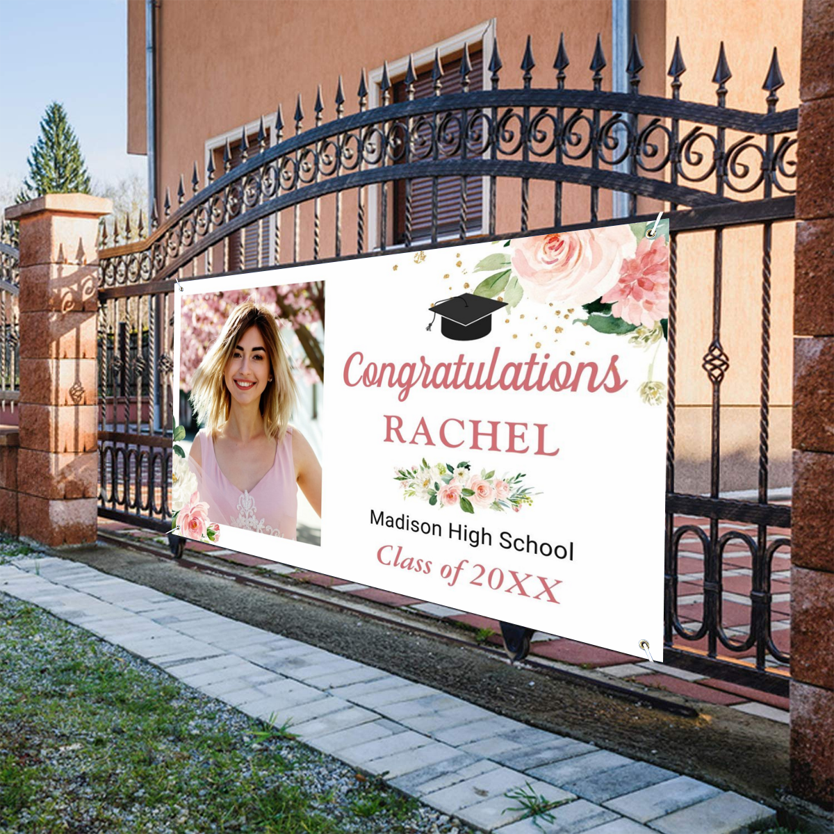 2022 Personalized Name/Photo, Classy Blush Pink Floral Graduate Graduation Party Banner