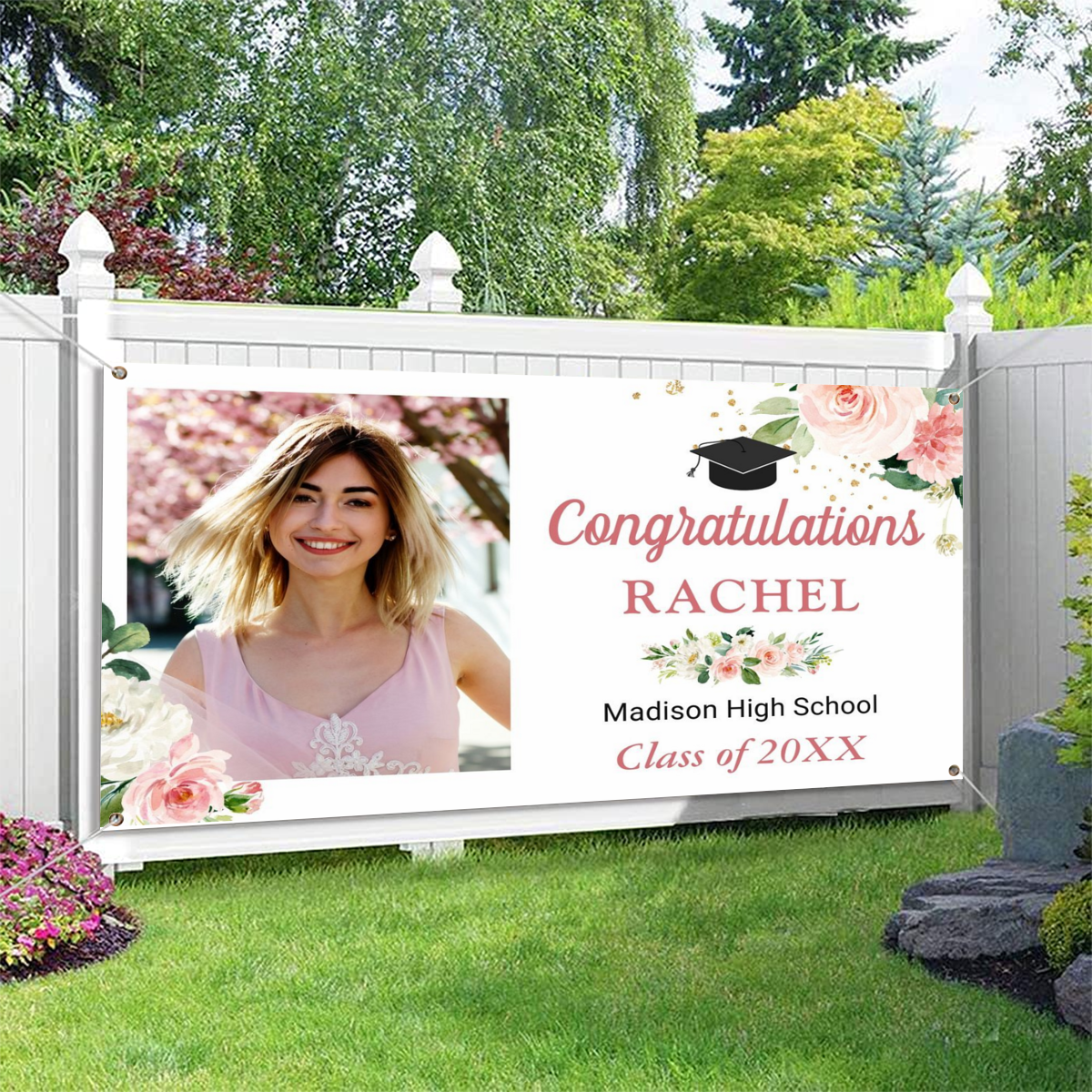 2022 Personalized Name/Photo, Classy Blush Pink Floral Graduate Graduation Party Banner